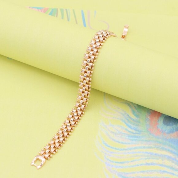 "Elegant Rose Gold Wide Link Bracelet with Beaded Edge Design, XPBL0859 - Picture 9 of 12